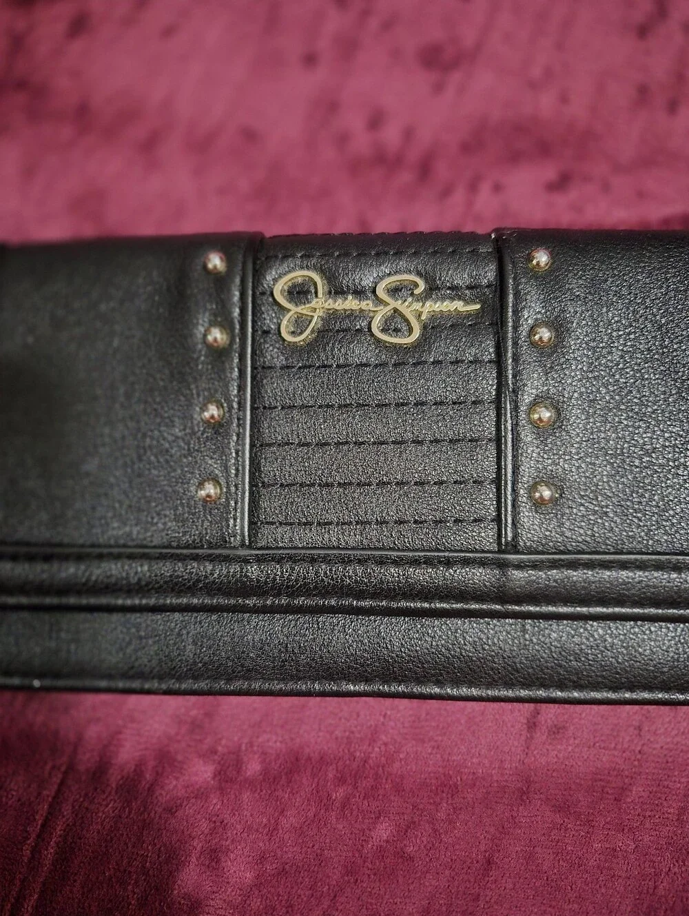 Jessica Simpson Black Foldover Wallet with Gold Logo and Stud Accents